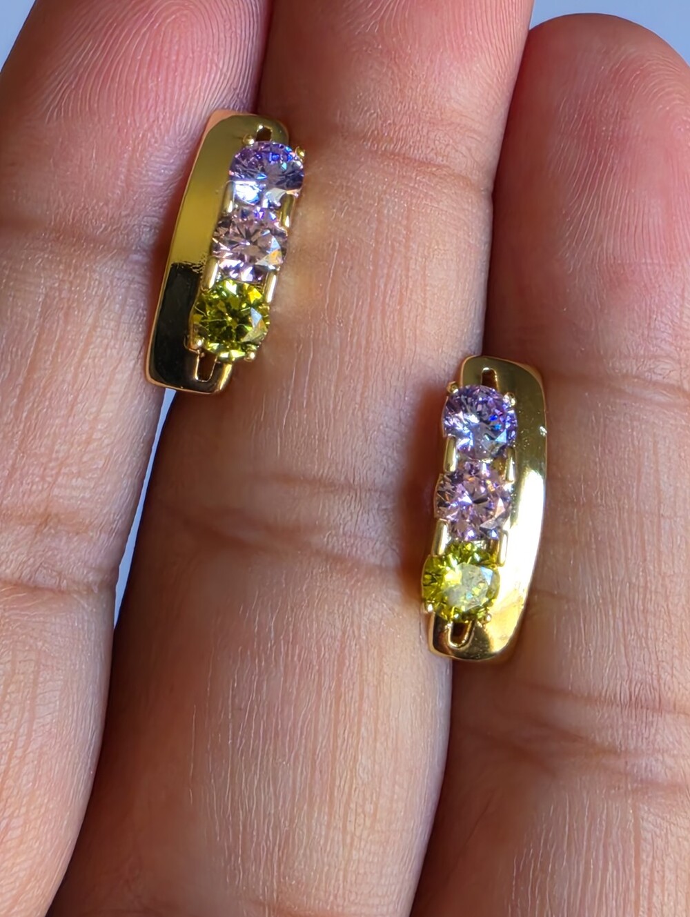 Gold Plated Huggie Hoop Earrings Pink Green Purple CZ Crystal Luxury Statement